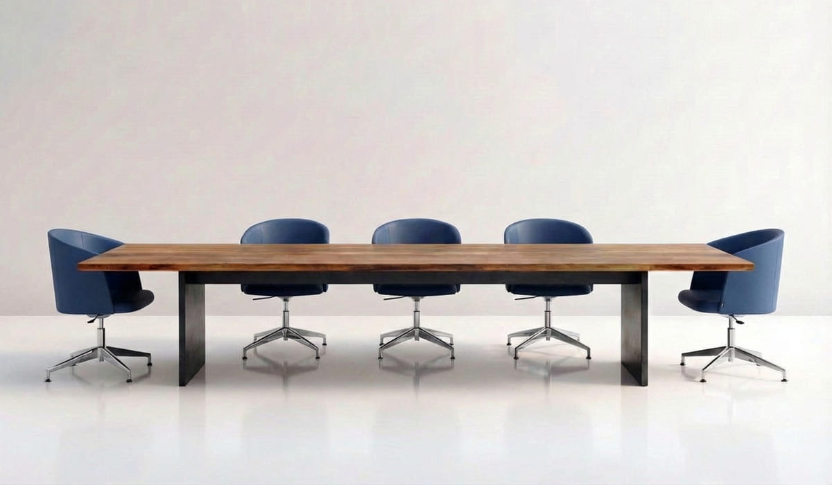 Mesa de reuniones larga y rectangular con tablero de madera maciza en tono cálido y estructura de soporte en color negro. La mesa tiene un diseño robusto y minimalista, con patas rectangulares sólidas ubicadas en los extremos. A lo largo de la mesa se disponen cinco sillas giratorias tapizadas en azul oscuro, con respaldo curvo y asiento acolchado. Las sillas cuentan con base metálica cromada de cinco radios con ruedas, lo que aporta un aspecto moderno y funcional. Dos sillas están ubicadas en los extremos y tres distribuidas en el centro, alineadas de forma simétrica. El fondo es completamente blanco y despejado, sin elementos decorativos, lo que resalta el mobiliario y enfatiza el diseño limpio y contemporáneo del conjunto. El suelo también es blanco, creando una estética minimalista y equilibrada.