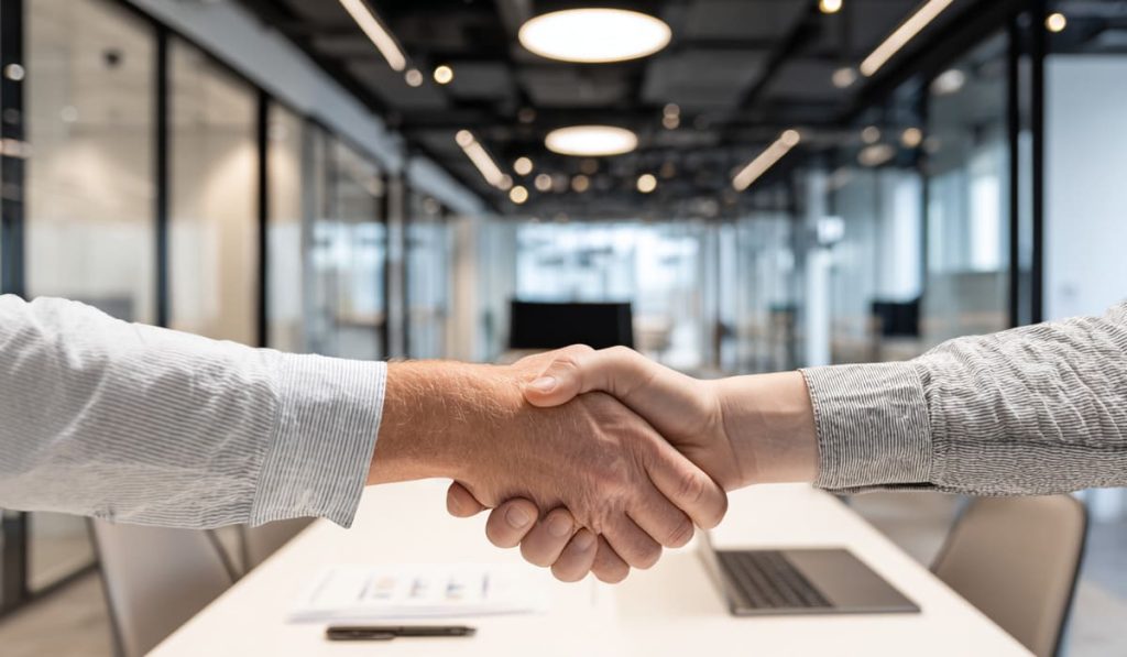 Apretón de manos entre dos personas en un entorno de oficina moderna. Solo se ven los brazos y las manos, lo que pone el foco en el gesto de acuerdo o colaboración. Ambas personas visten camisas de manga larga en tonos claros. Al fondo se aprecia un espacio de trabajo contemporáneo con paredes de cristal, iluminación circular en el techo y un diseño limpio y profesional. Sobre la mesa blanca se distinguen documentos y un ordenador portátil, reforzando la idea de una reunión laboral, cierre de un trato o alianza profesional. La iluminación es equilibrada y el ambiente transmite confianza, profesionalismo y entendimiento mutuo.