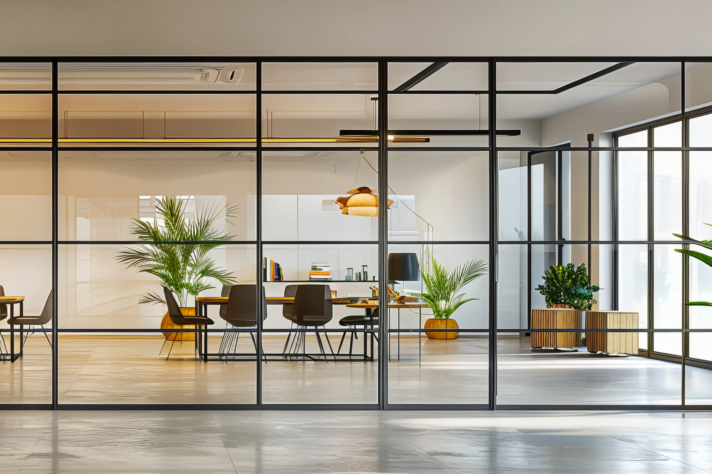 Oficina moderna con paredes de vidrio y marcos metálicos negros, que dividen el espacio sin bloquear la visibilidad. En el interior hay una gran mesa de trabajo con varias sillas negras, lámparas colgantes de diseño contemporáneo y varias plantas verdes decorativas en macetas de color madera clara, lo que aporta un ambiente natural y luminoso. El suelo es de tono gris claro y las paredes blancas reflejan la luz que entra por los amplios ventanales, creando un entorno abierto y acogedor.